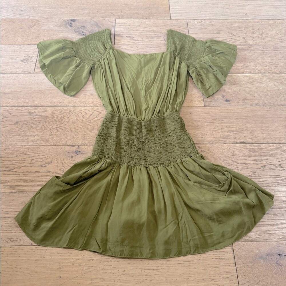 Free People Olive‎ Green Smocked Mini Dress XS Short Sleeve Square Neck (716)